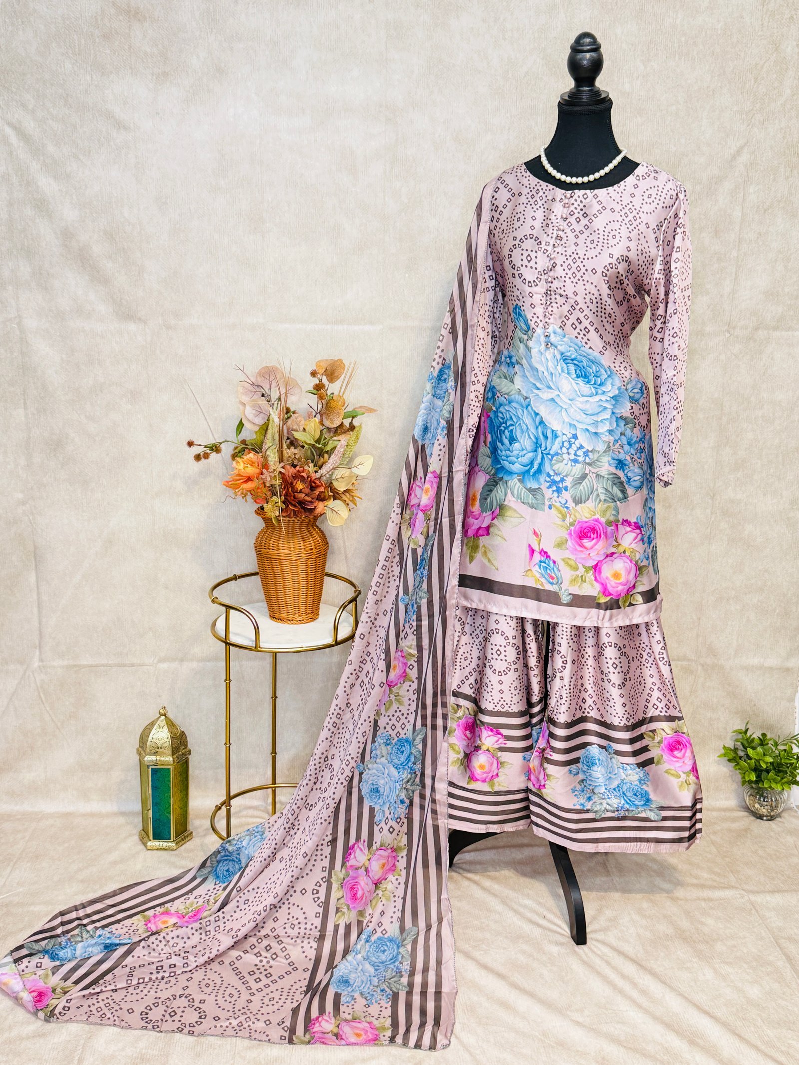 Misty Grey Ivory Floral Satin Silk Farshi Salwar Suit
